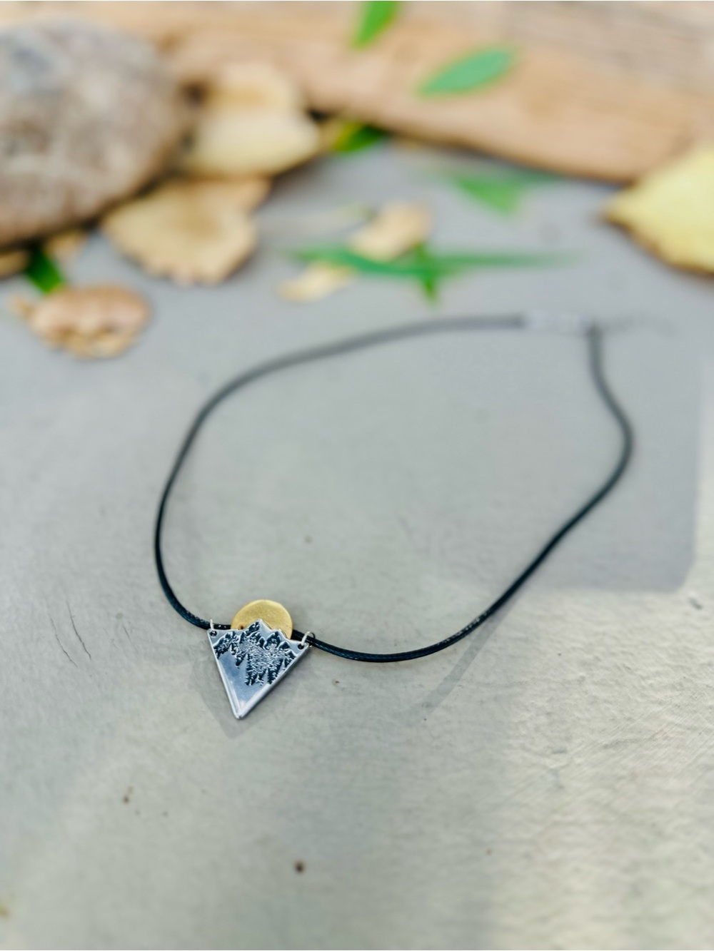 Handcrafted Silver & Gold Mountain Pendant Necklace - Black Cord